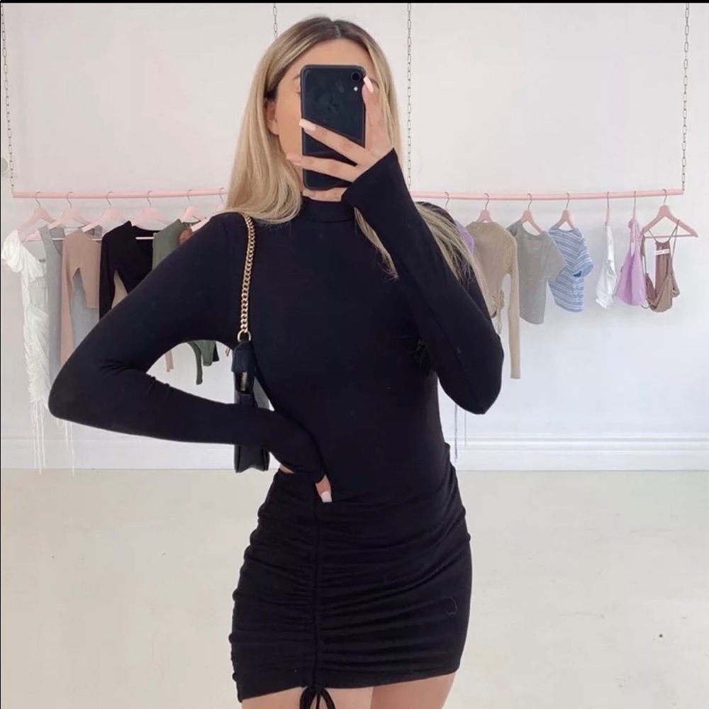 Dress women sexy fashion pure long sleeve high neck side drawstring smocked mini